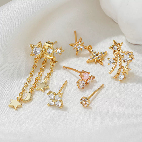 Silver And Copper Needle Ear Piercing Set With Microencrusted Zircon And Eightpointed Star Design For Women