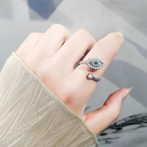 Silver And Copper Opening Adjustable Evil Eye Ring With Electroplating For Women