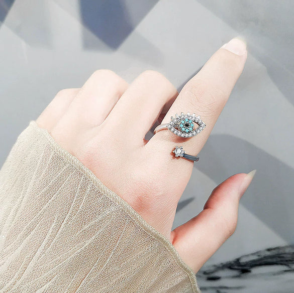 Silver And Copper Opening Adjustable Evil Eye Ring With Electroplating For Women