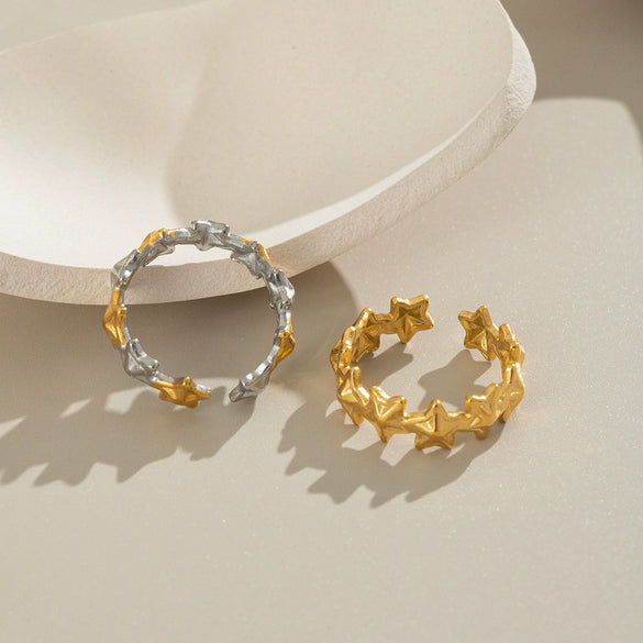 Silver And Gold Color Matched Fivepointed Star Geometric Style Ring For Women Made Of Stainless Steel With Electroplating