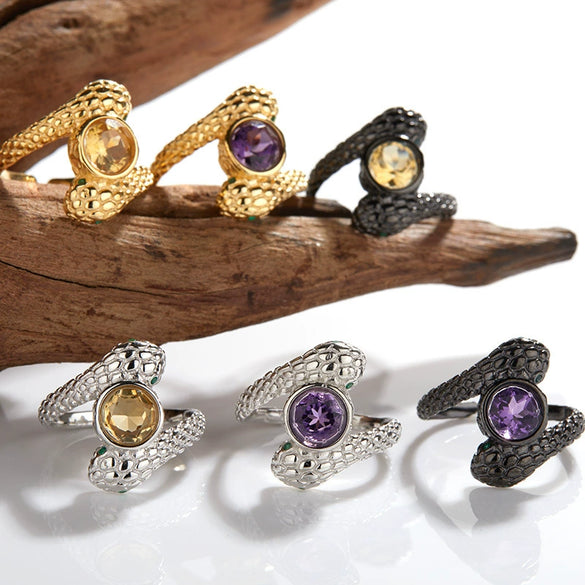 Silver Animal Zodiac Spirit Snake Ring Set With Gems