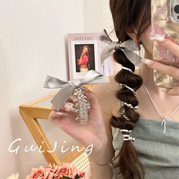 Silver Bow Bead Handmade Hair Rope For Women