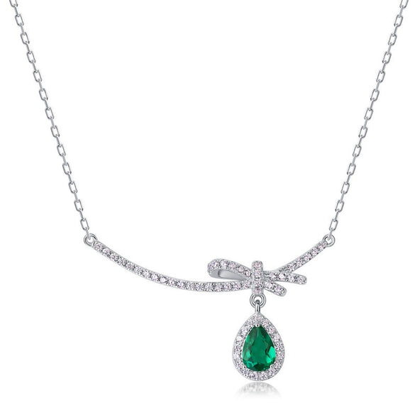 Silver Bow Inlaid Cultured Emerald Clavicle Necklace With Diamond Design