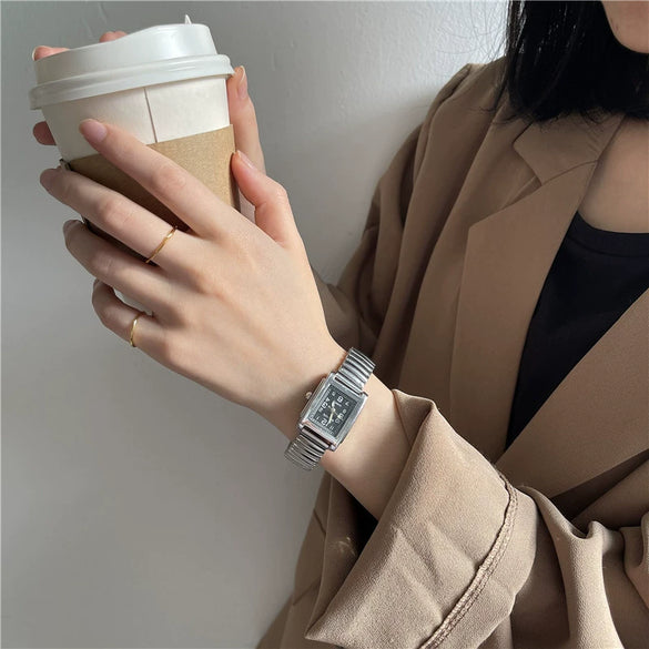 Silver Bracelet Watch Elastic Band Steel Spring Band Luminous Digital Retro Square Metal Chain Watch For Men And Women