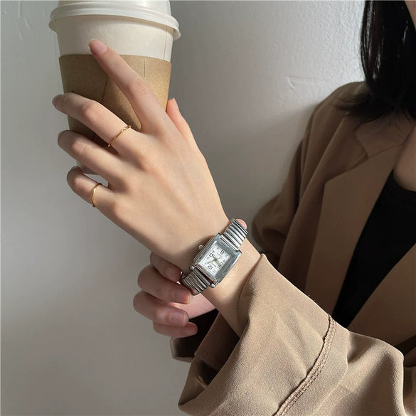 Silver Bracelet Watch Elastic Band Steel Spring Band Luminous Digital Retro Square Metal Chain Watch For Men And Women