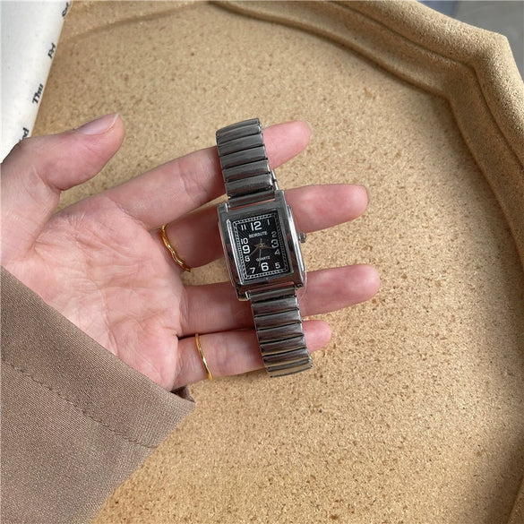 Silver Bracelet Watch Elastic Band Steel Spring Band Luminous Digital Retro Square Metal Chain Watch For Men And Women