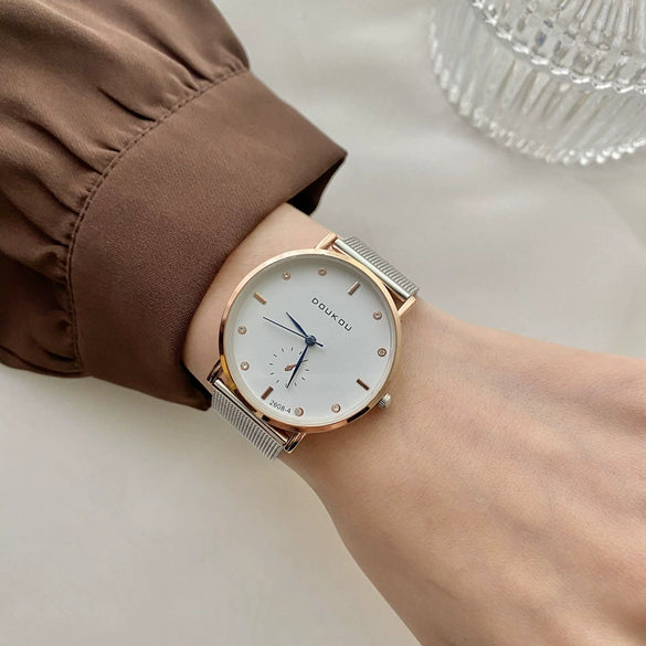 Silver Bracelet Watch Stainless Steel Band Round Dial Retro Artistic Couple's Watch