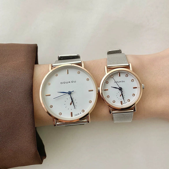 Silver Bracelet Watch Stainless Steel Band Round Dial Retro Artistic Couple's Watch