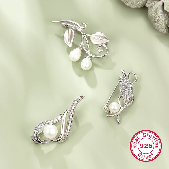 Silver Brooch With Zircon And Leaf Pattern Set With Pearls Unisex Jewelry