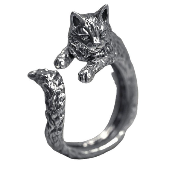 Silver Color Electroplated Copper Open Adjustable Kitten Ring Animal Style Unisex Fashion Jewelry