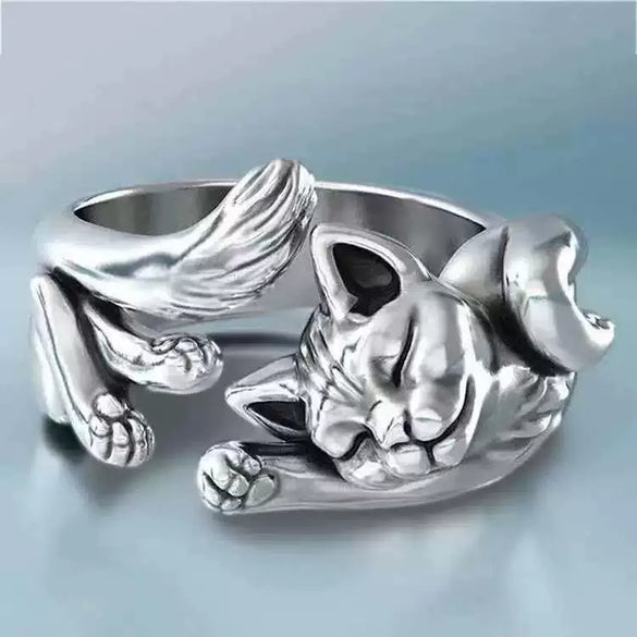 Silver Color Electroplated Copper Open Adjustable Kitten Ring Animal Style Unisex Fashion Jewelry