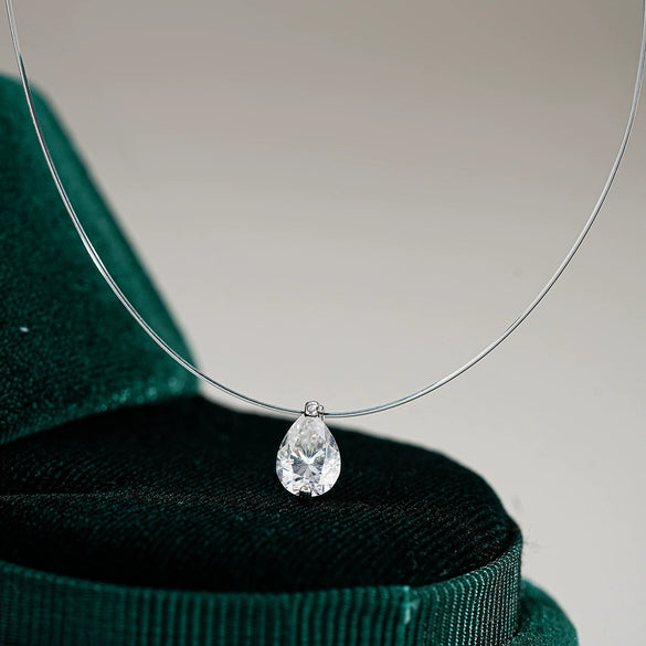 Silver Creative Transparent Fishing Line Pendant Women's Invisible Necklace With Water Drops Moissanite And Flower Pattern