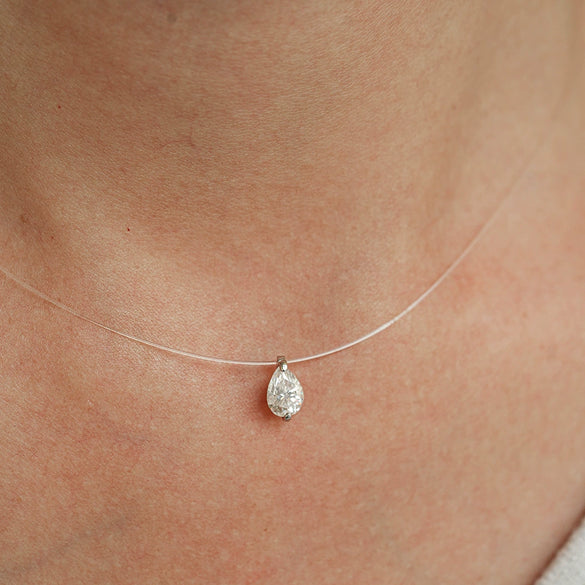 Silver Creative Transparent Fishing Line Pendant Women's Invisible Necklace With Water Drops Moissanite And Flower Pattern