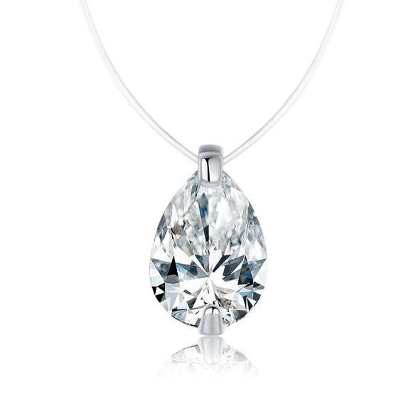 Silver Creative Transparent Fishing Line Pendant Women's Invisible Necklace With Water Drops Moissanite And Flower Pattern