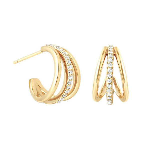 925 Silver Cshaped Geometric Threelayer Wave Singlerow Diamondencrusted Electroplated Women's Earrings