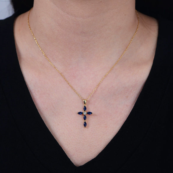 Silver Diamond Cross Necklace With Blue Zircon Pendant