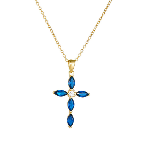 Silver Diamond Cross Necklace With Blue Zircon Pendant