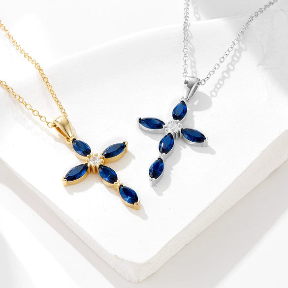 Silver Diamond Cross Necklace With Blue Zircon Pendant