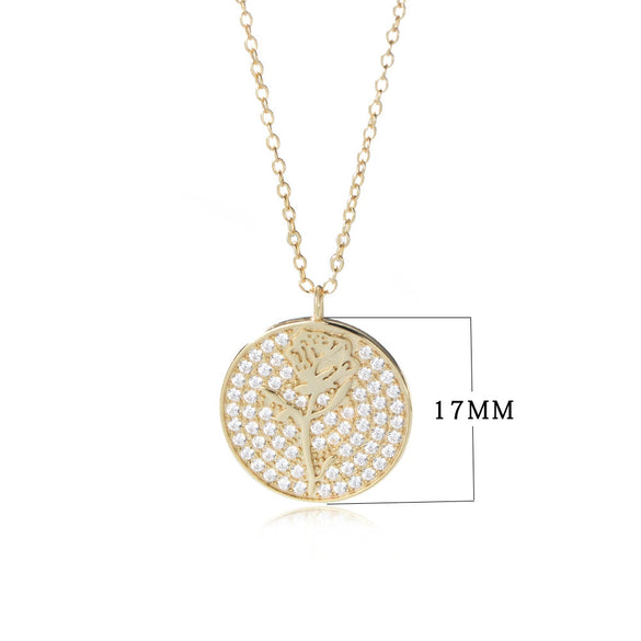 Silver Diamond Flower Round Coin Pendant Necklace For Women