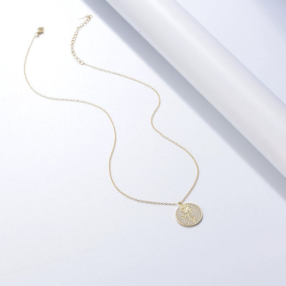 Silver Diamond Flower Round Coin Pendant Necklace For Women