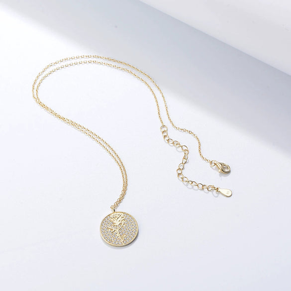 Silver Diamond Flower Round Coin Pendant Necklace For Women