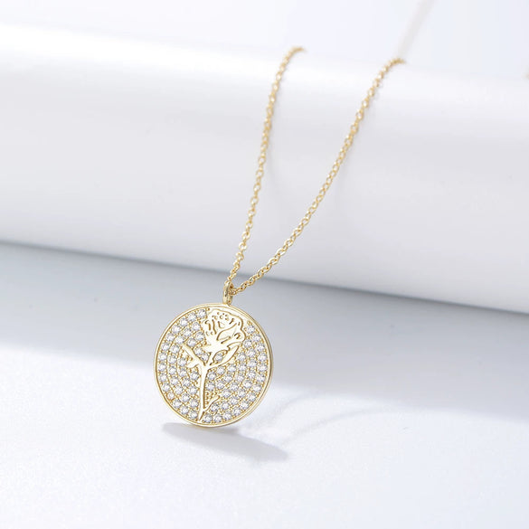 Silver Diamond Flower Round Coin Pendant Necklace For Women