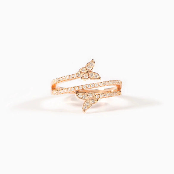 Silver Double Butterfly Zircon Ring Women's Simple Geometric Style Electroplated Jewelry