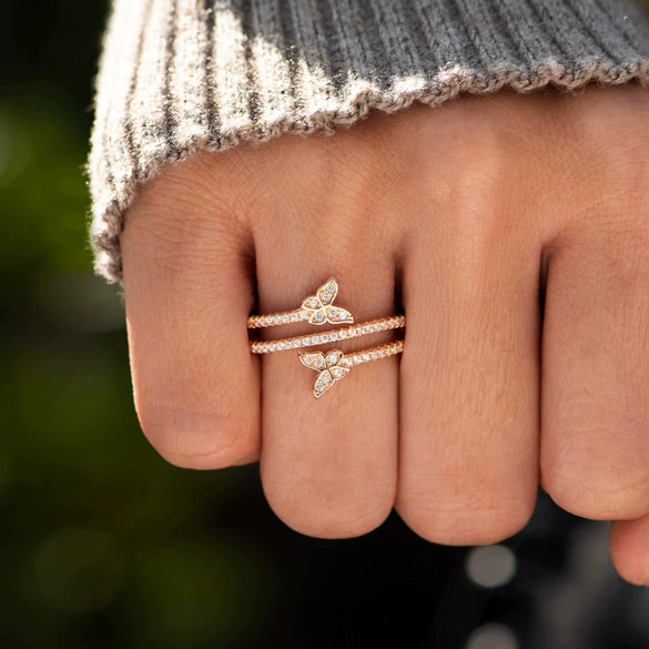 Silver Double Butterfly Zircon Ring Women's Simple Geometric Style Electroplated Jewelry