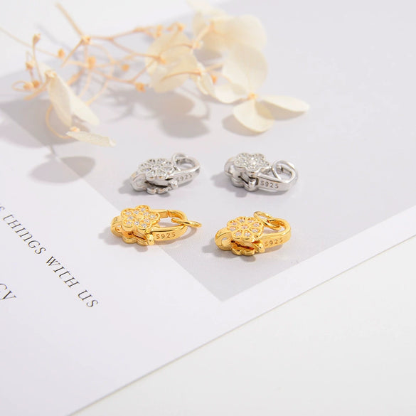 925 Silver Doublesided Flower Spring Joint Buckle Jewelry Connection Lobster Clasp Buckle Inlaid Zircon