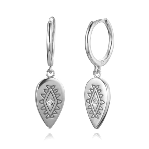 925 Silver Drop Earrings With Devil's Eye Shape And Ancient Egyptian Texture Set With Diamonds