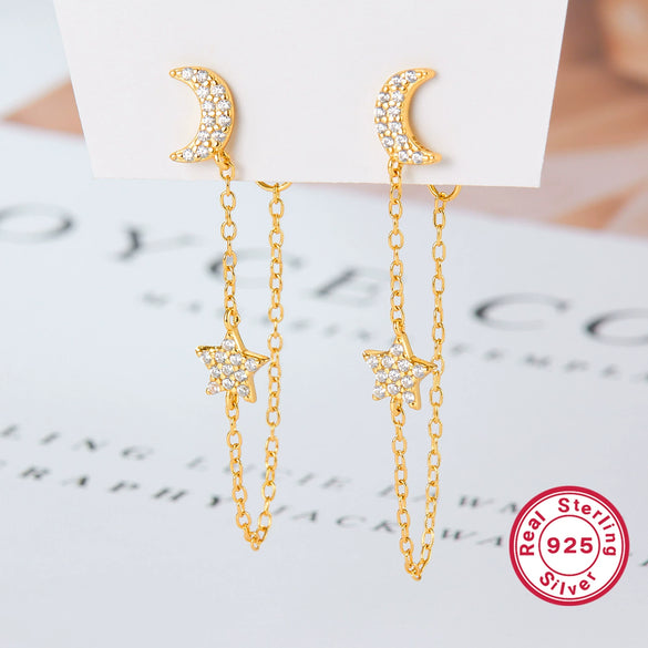Silver 925 Earrings Star Moon Tassel Diamond Electroplated Design For Women
