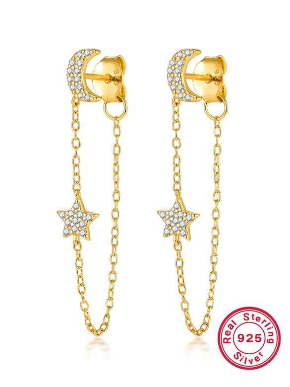 Silver 925 Earrings Star Moon Tassel Diamond Electroplated Design For Women