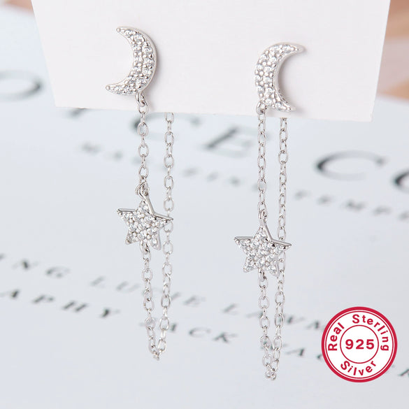Silver 925 Earrings Star Moon Tassel Diamond Electroplated Design For Women