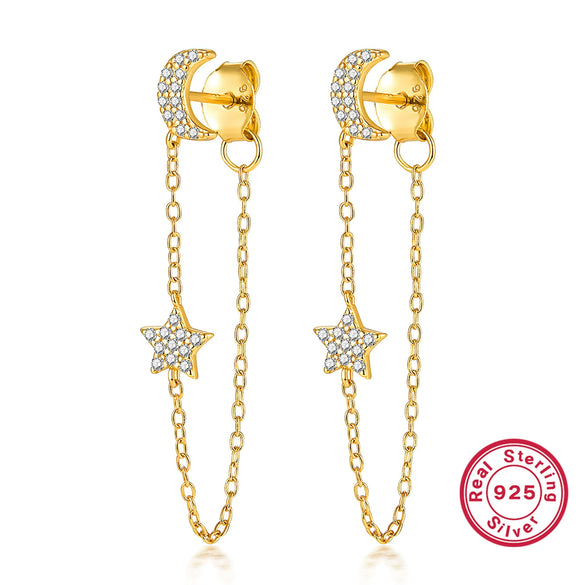 Silver 925 Earrings Star Moon Tassel Diamond Electroplated Design For Women