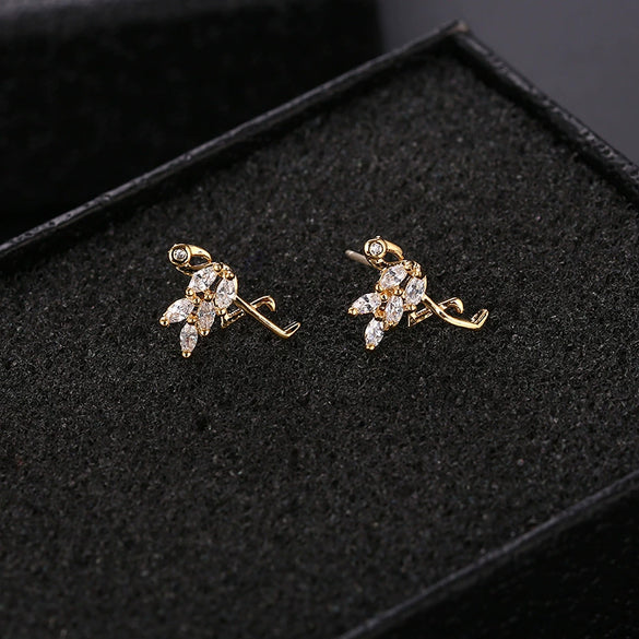 Silver Earrings With Triangle Swan Clover Coconut Tree Leaves Diamond Crane Patterns