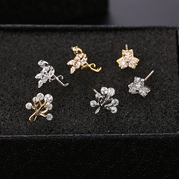 Silver Earrings With Triangle Swan Clover Coconut Tree Leaves Diamond Crane Patterns