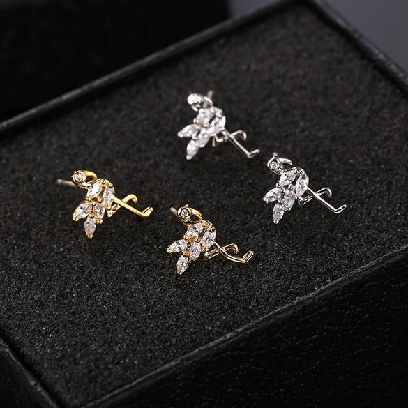 Silver Earrings With Triangle Swan Clover Coconut Tree Leaves Diamond Crane Patterns