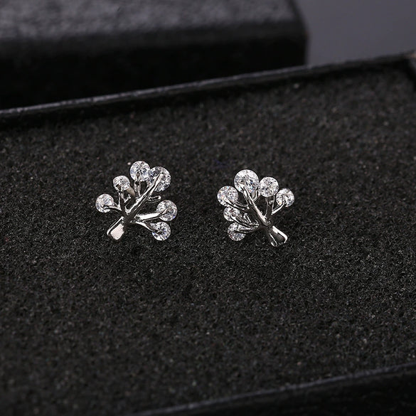 Silver Earrings With Triangle Swan Clover Coconut Tree Leaves Diamond Crane Patterns