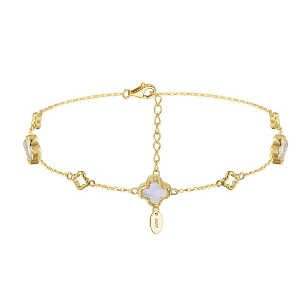 Silver Electroplated Four Leaf Clover Flower Double Layer Anklet For Women