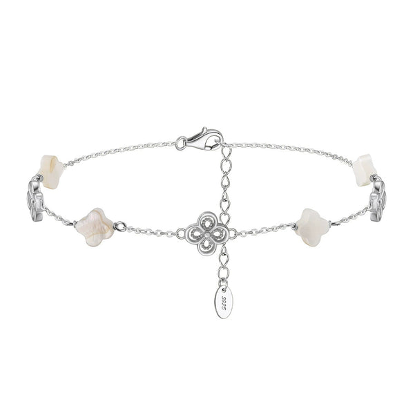 Silver Electroplated Four Leaf Clover Flower Double Layer Anklet For Women