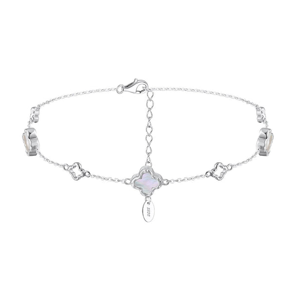 Silver Electroplated Four Leaf Clover Flower Double Layer Anklet For Women