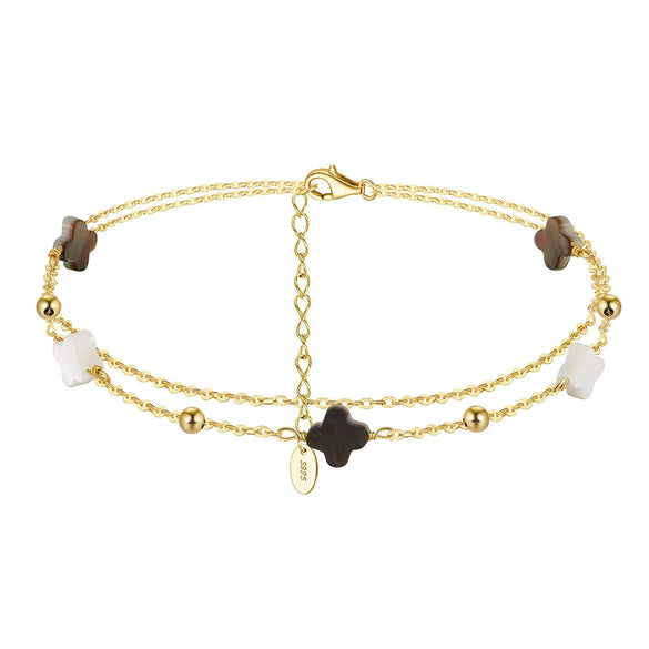 Silver Electroplated Four Leaf Clover Flower Double Layer Anklet For Women