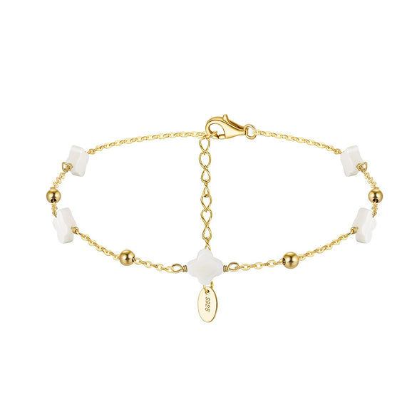 Silver Electroplated Four Leaf Clover Flower Double Layer Anklet For Women
