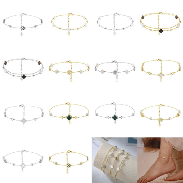 Silver Electroplated Four Leaf Clover Flower Double Layer Anklet For Women