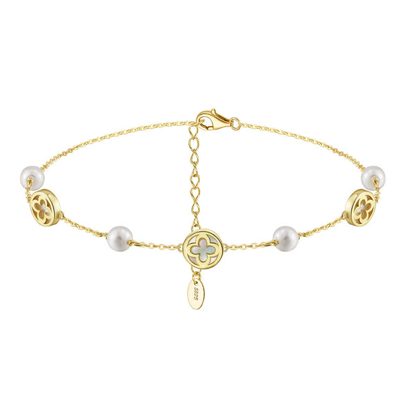Silver Electroplated Four Leaf Clover Flower Double Layer Anklet For Women