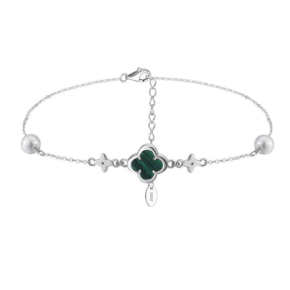 Silver Electroplated Four Leaf Clover Flower Double Layer Anklet For Women