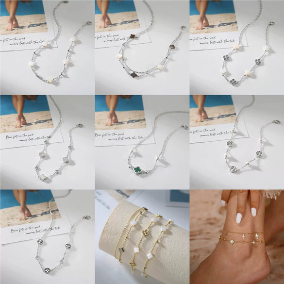 Silver Electroplated Four Leaf Clover Flower Double Layer Anklet For Women