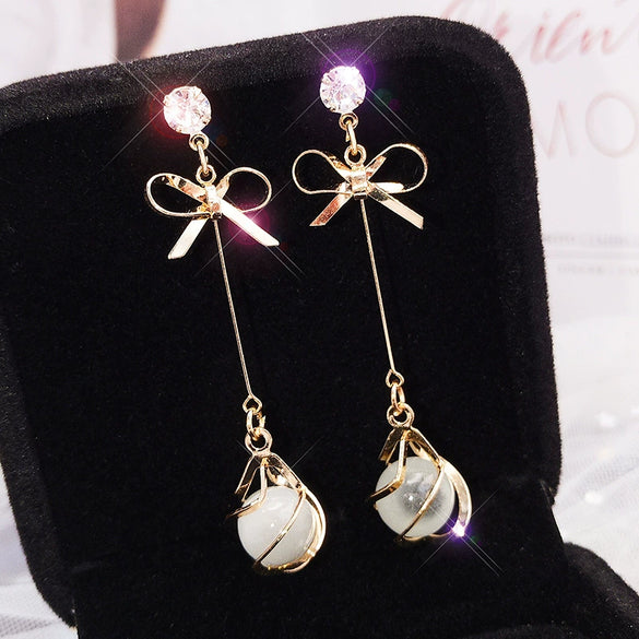 925 Silver Electroplated Geometric Cat's Eye Stone Bow Earrings For Women Wholesale