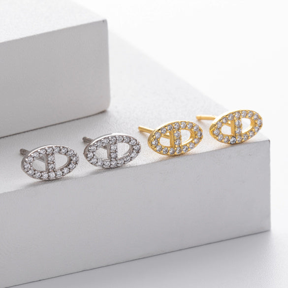Silver Feminine Geometric Microinlay Pig Nose And H Letter Earrings For Girls