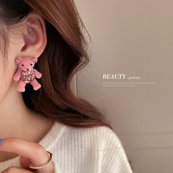 Silver Flocking Bear Heart Earrings For Girls Cartoon Cute Sweet Design